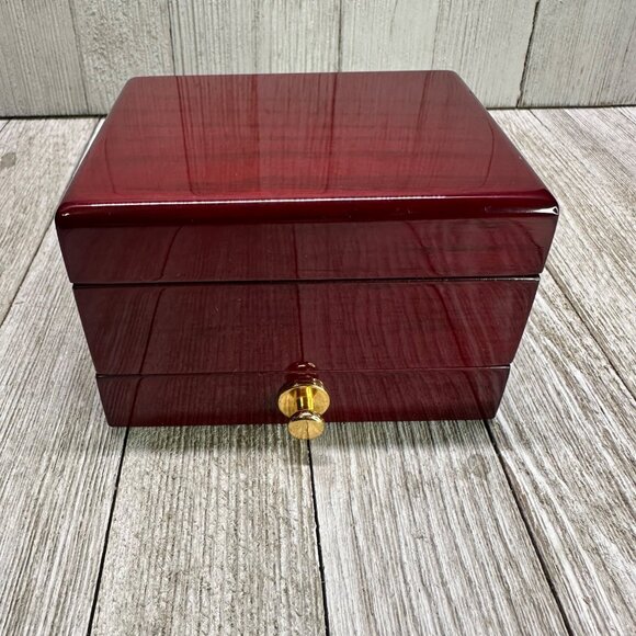 Vtg Burgandy Solid Wood Single Drawer Hinge Jewelry Box With Mirror 4" x 3.5" - Picture 2 of 10